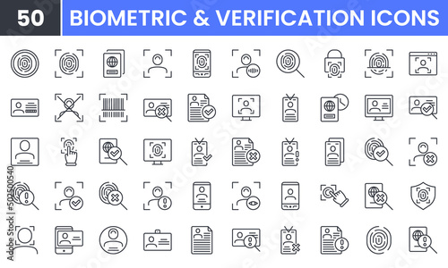 ID, Biometric and Verification vector line icon set. Contains linear outline icons like Fingerprint Check, Person Identification, Passport, Legal Document, Driving License. Editable use and stroke. photo