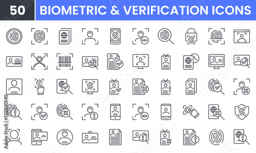 ID, Biometric and Verification vector line icon set. Contains linear outline icons like Fingerprint Check, Person Identification, Passport, Legal Document, Driving License. Editable use and stroke.