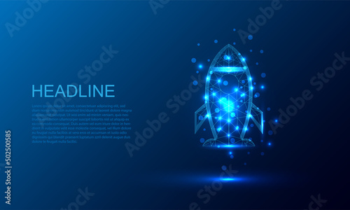 Rocket launch. Business start up concept form lines, with crumbled edge on blue night sky with dots,vector illustration