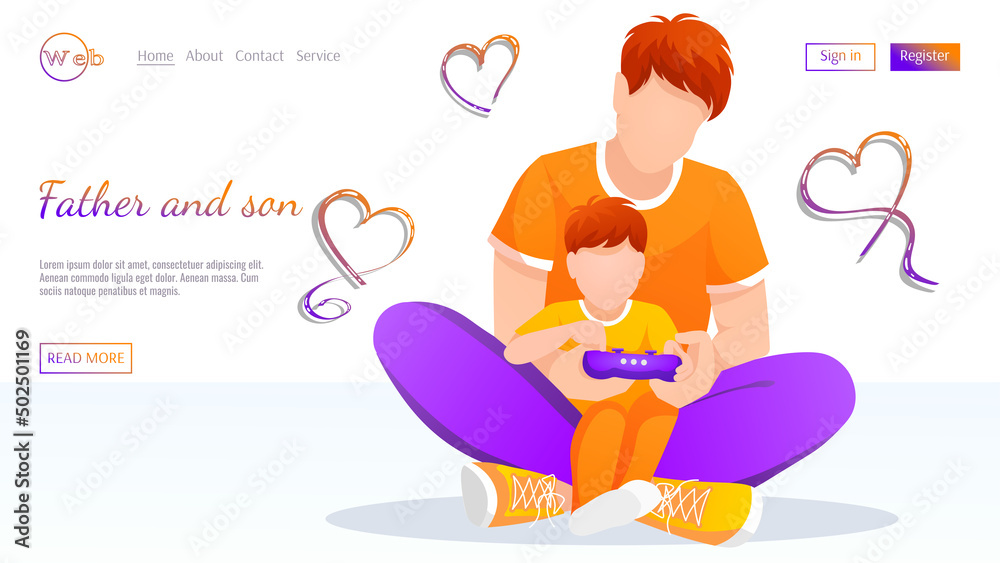 Obraz premium Father with son playing together. Father and son, Family, Father's day concept. Vector illustration for flyer, poster, website development.