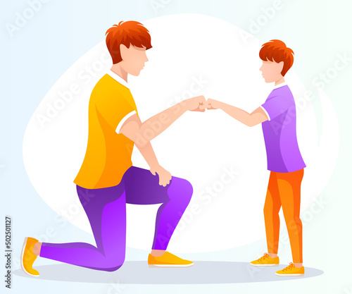 Father and son give fists. Father and son, Family, Father's day concept. Isolated vector illustration for flyer, poster, greeting card.