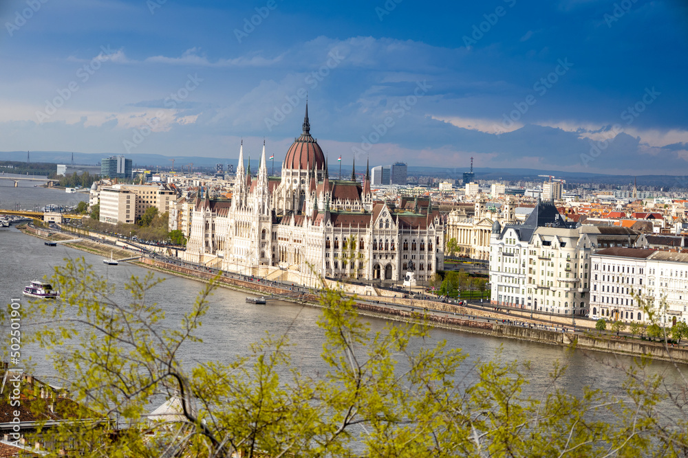 Fototapeta premium Hungarian parliament, embankment of Danube river, Budapest, Hungary, Europe