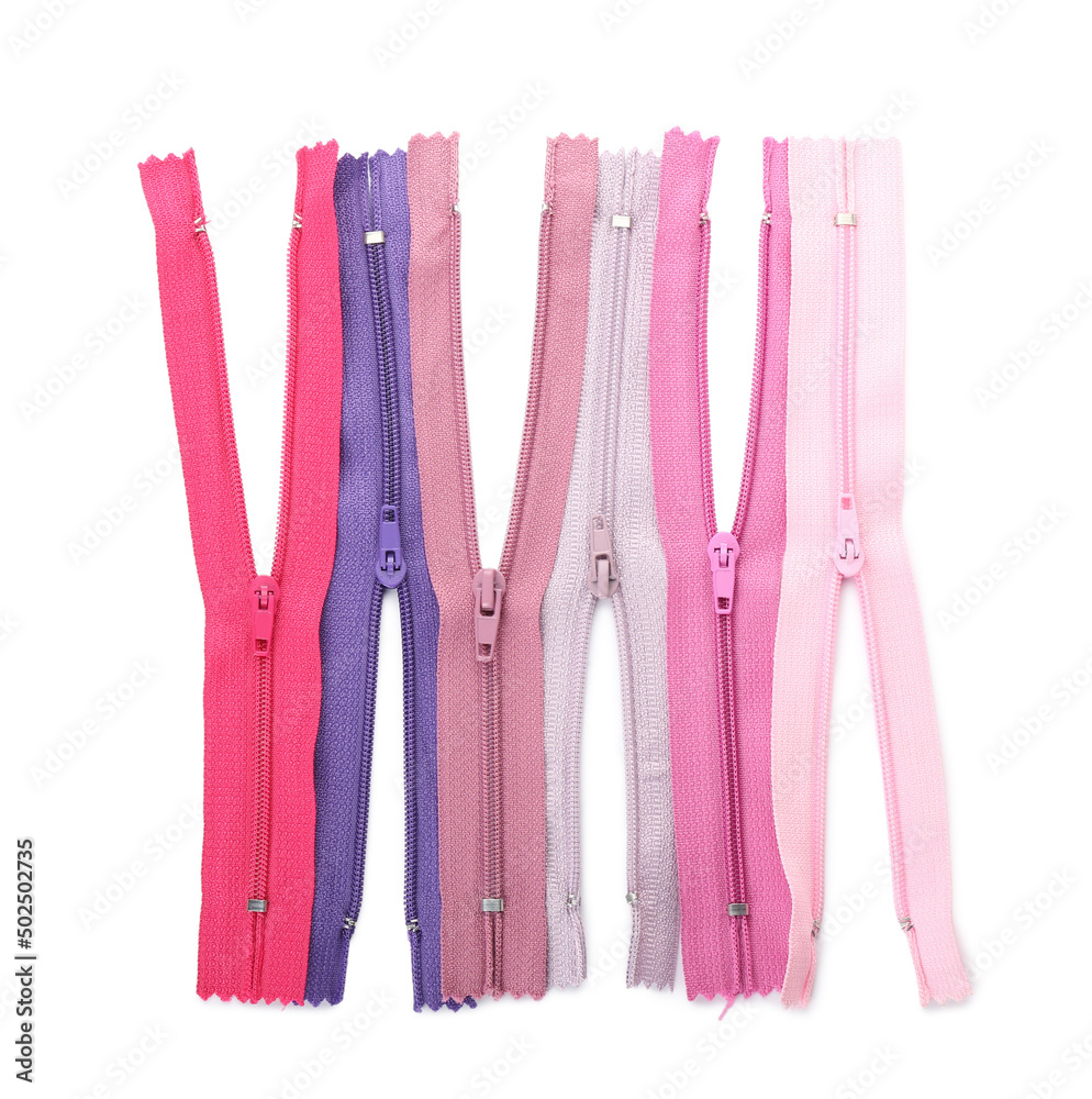 Stylish different zippers on white background Stylish different zippers on white background