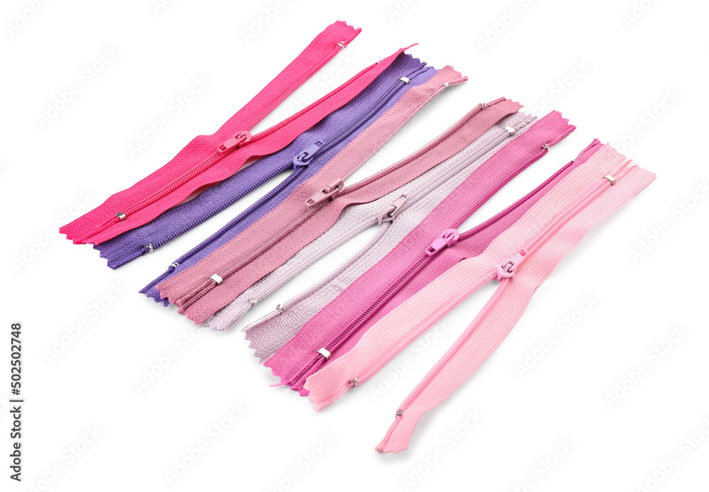 Stylish different zippers on white background Stylish different zippers on white background