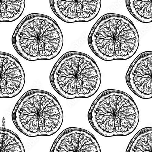 Round fig slices seamless vector pattern. Sketch of garden fruit with tasty pulp, seeds. Black outline of vegetarian plant. Piece of exotic dessert. Hand drawn monochrome background