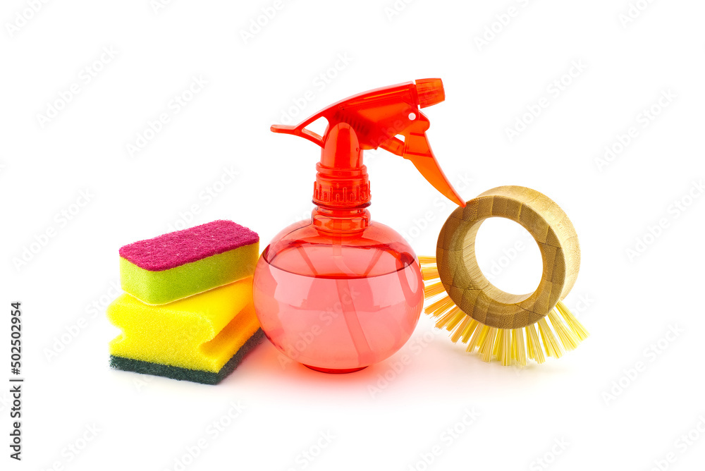 Cleaning supplies on white background Cleaning supplies on white background