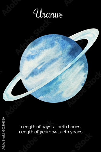 Watercolor planet Uranus isolated on dark black background. Uranus Illustration