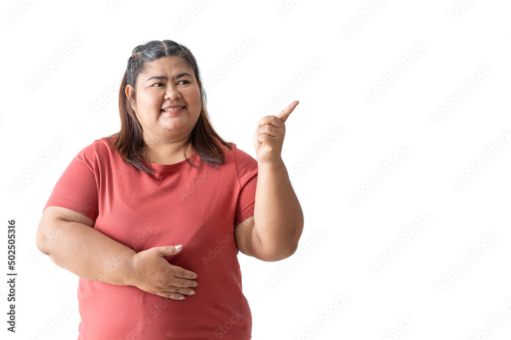 Asian woman fat isolated white on background pointing finger to the side Asian woman fat isolated white on background pointing finger to the side