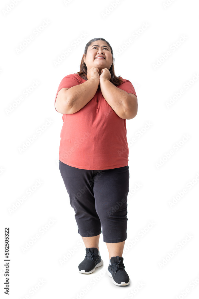 Fat woman asian thinking and looking up, isolated white on background Fat woman asian thinking and looking up, isolated white on background