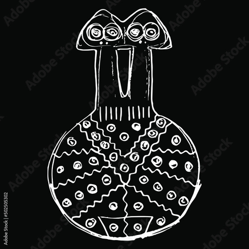 Twin idol from ancient Anatolia. Hand drawn linear doodle rough sketch. White silhouette on black background.