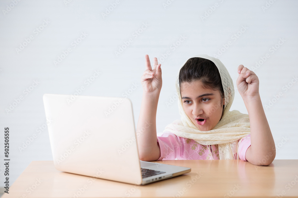 muslim girl finger counting gesture and video call to someone for online learning class, education concept muslim girl finger counting gesture and video call to someone for online learning class, education concept