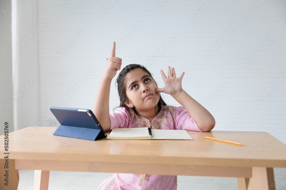 cute Indian girl finger counting gesture and online learning class, education concept cute Indian girl finger counting gesture and online learning class, education concept