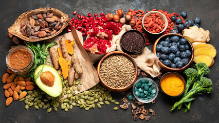 Healthy food clean eating selection on dark background.