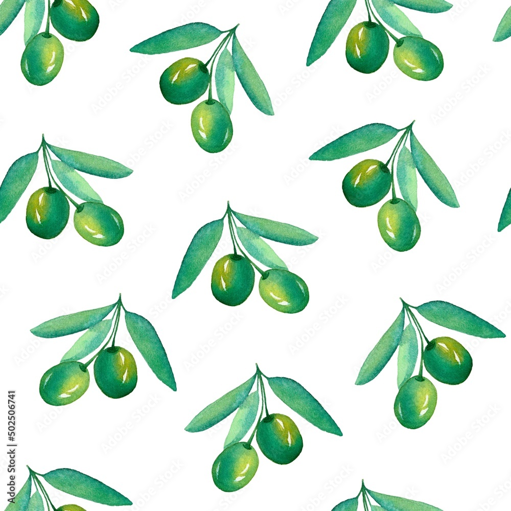 Seamless pattern watercolor green olive branches on white background