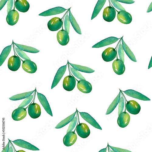 Wallpaper Mural Seamless pattern watercolor green olive branches on white background Torontodigital.ca