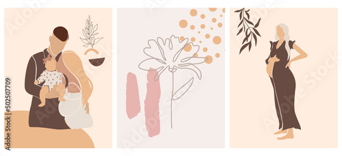 Abstract posters of pregnant women, babies and kids and happy family. Modern Art about motherhood. Boho style. Hand drawn vector illustration in minimalistic style.