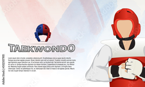 The young taekwondo martial arts athlete is dressed in elements of protective clothing: helmet, gloves, vest.