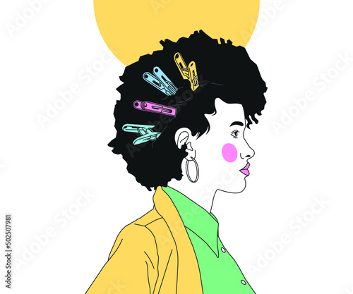 Beautiful women Clothes Pegs on Hair, vector illustration portrait .