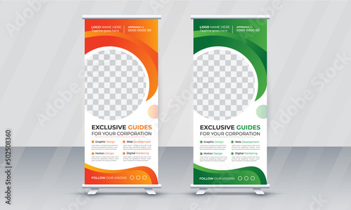 Modern Creative Professional and Corporate Roll up Banner Vector Template Design or Colorful Business Poll up Standee Exhibition billboard Flyer, Web Banner or Social Media Banner, Brochure Layout 