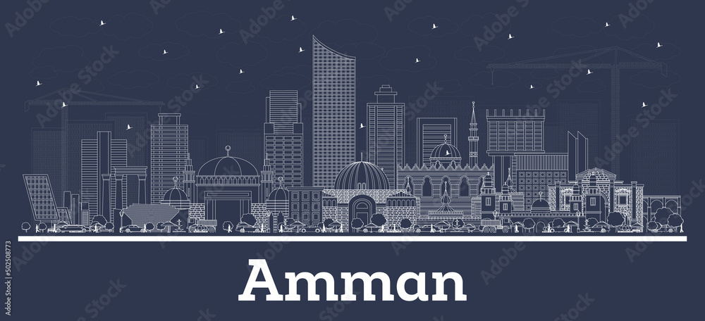 Outline Amman Jordan City Skyline with White Buildings.
