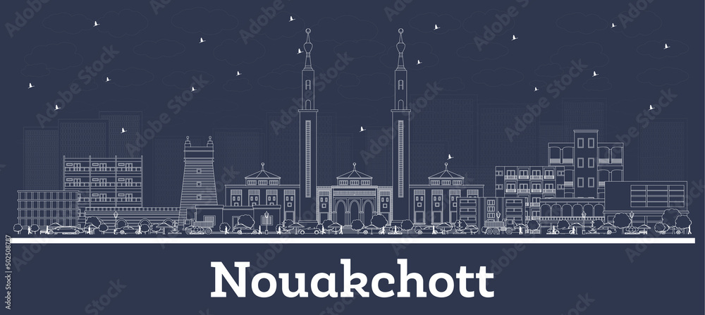 Outline Nouakchott Mauritania City Skyline with White Buildings.