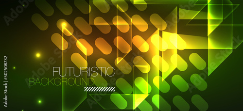 Background neon glowing lines and geometric shapes. Lights in the dark wallpaper for concept of AI technology, blockchain, digital, communication, 5G, science