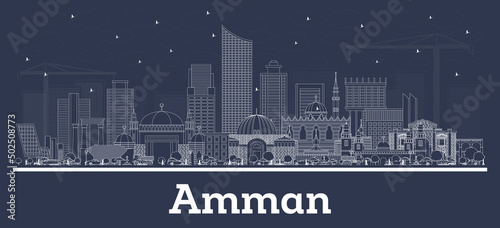Outline Amman Jordan City Skyline with White Buildings.