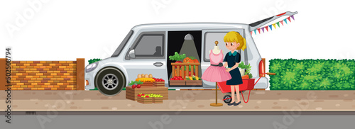 Woman standing by vegetable van