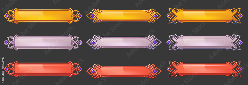 Game buttons with decorative frames in medieval style and purple ...