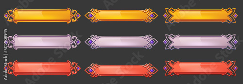 Game buttons with decorative frames in medieval style and purple gemstones. Vector cartoon set of empty gold, silver and red metal bars with fantasy border and gems