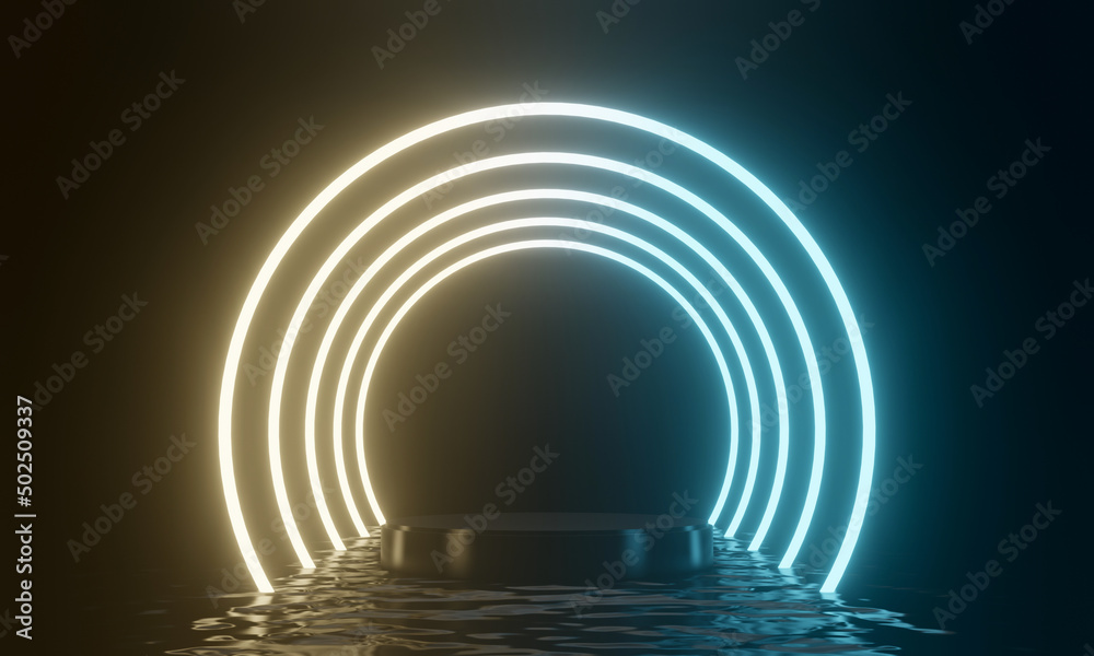 Naklejka premium 3D black podium with circle neon lights.
