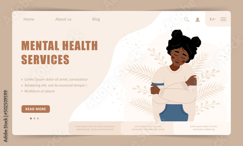 Mental health service. Landing page template. Happy african woman hugging herself. Smiling teenager enjoys her freedom. Vector illustration in flat cartoon style.