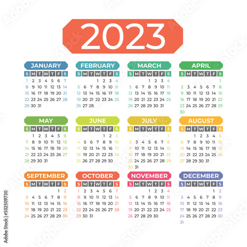 2023 year. Calendar design. English colorful vector square wall or pocket calender template. New year. Week starts on Sunday