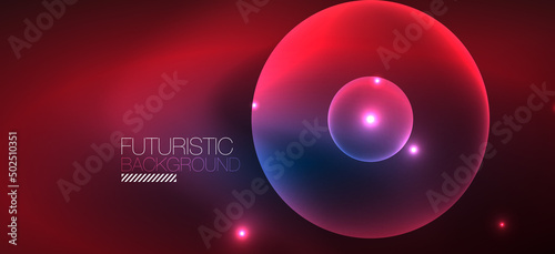Shiny neon geometric abstract background. Glowing lights on round shapes, triangles and circles. Wallpaper for concept of AI technology, blockchain, communication, 5G, science, business