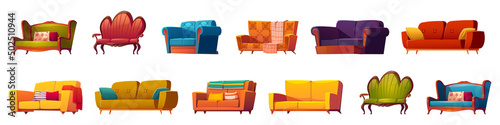 Cartoon couches and sofas furniture isolated set. Classic and modern design made of leather, fabric, buttoned quilted upholstery with pillows, interior objects on white background, Vector illustration