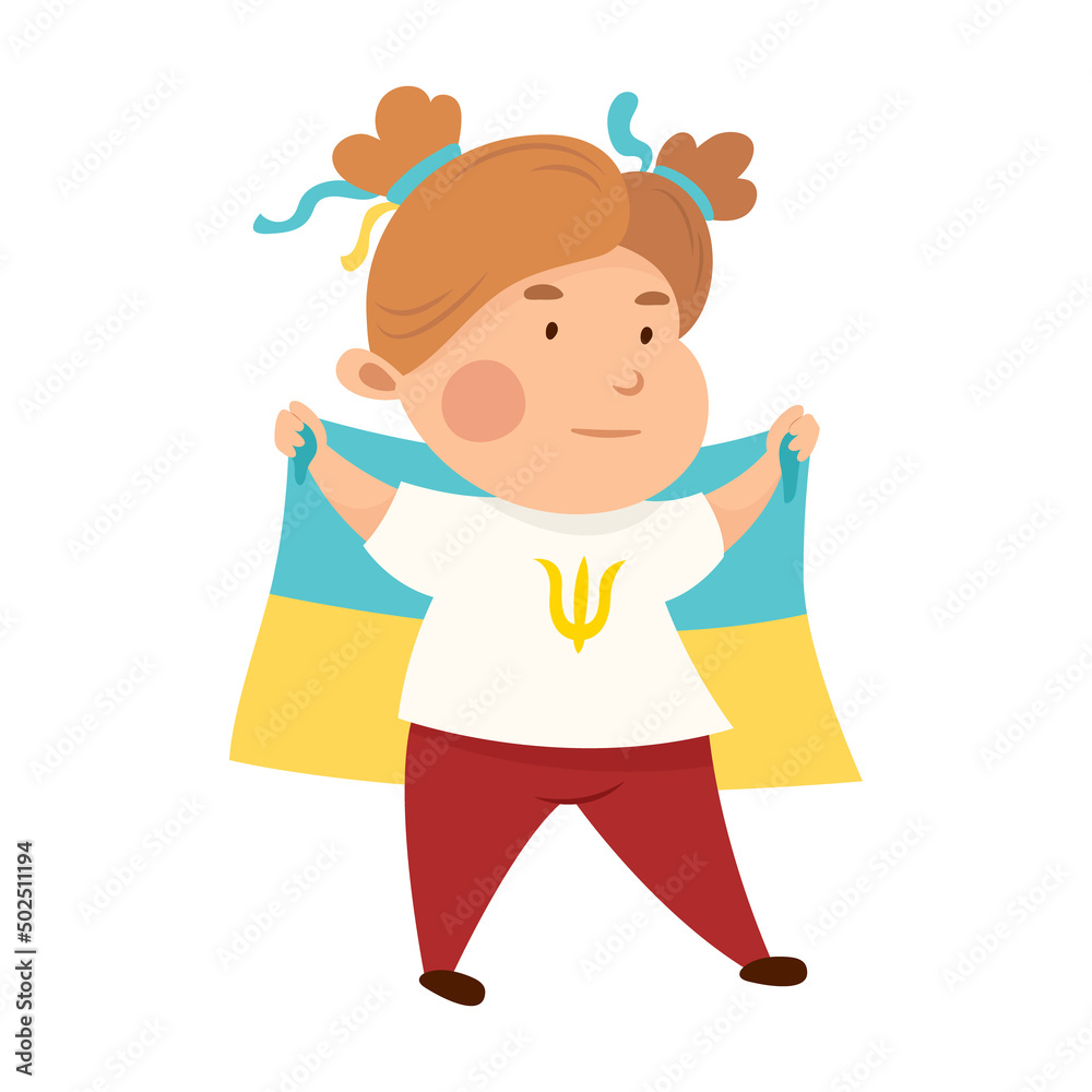 Little Ukrainian girl with the national flag in her hands. National symbols of Ukraine. Cute cartoon character. The struggle for freedom. Peaceful rally. State emblem trident. Lets stop the war Little Ukrainian girl with the national flag in her hands. National symbols of Ukraine. Cute cartoon character. The struggle for freedom. Peaceful rally. State emblem trident. Lets stop the war