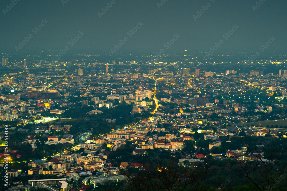 The night city in Chiang Mai, Thailand. The view from Doi Suthep Viewpoint is a popular tourist destination for tourists.