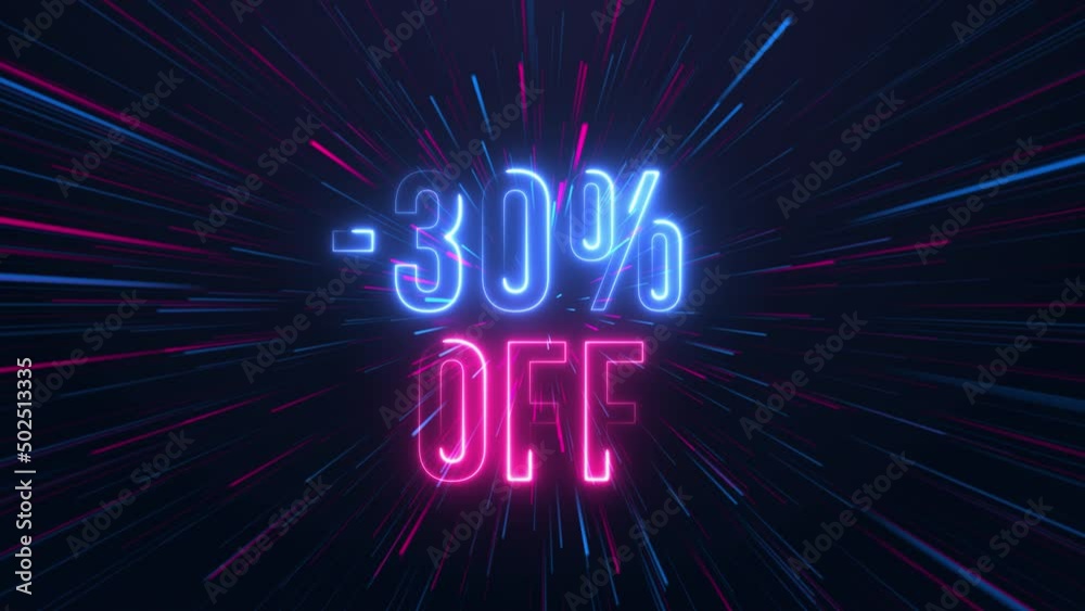-30% off - neon text with neon lines animation.blue and pink color. Glowing Neon Lights concept. -30% off - neon text with neon lines animation.blue and pink color. Glowing Neon Lights concept.