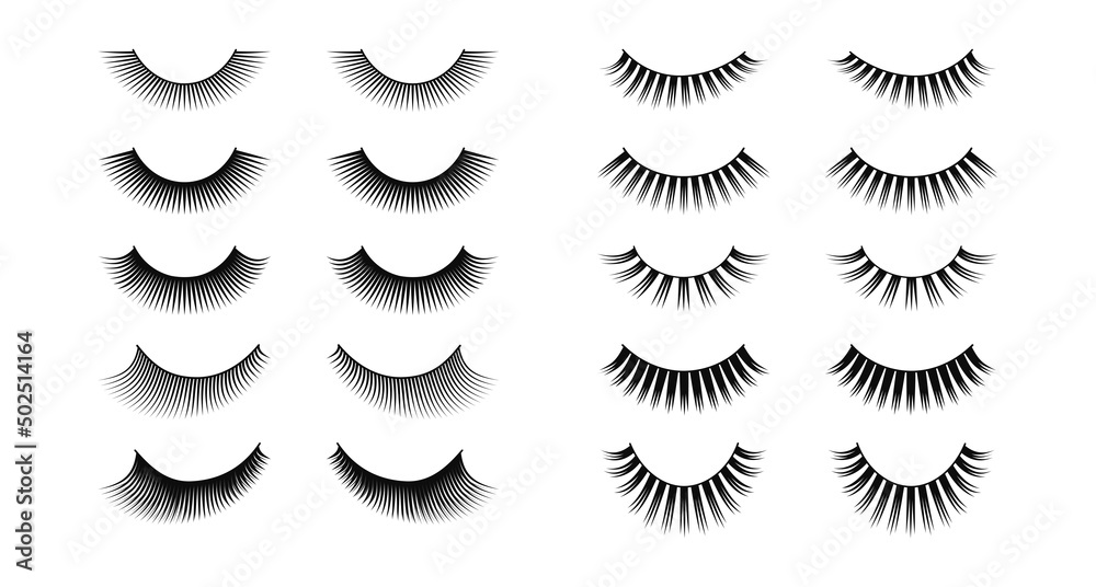 Eylashes collection vector Illustration. False lashes of different length, volume and shape. Makeup items for lashmaking card, training posters, beauty salon wallpaper. isolated on a white background.