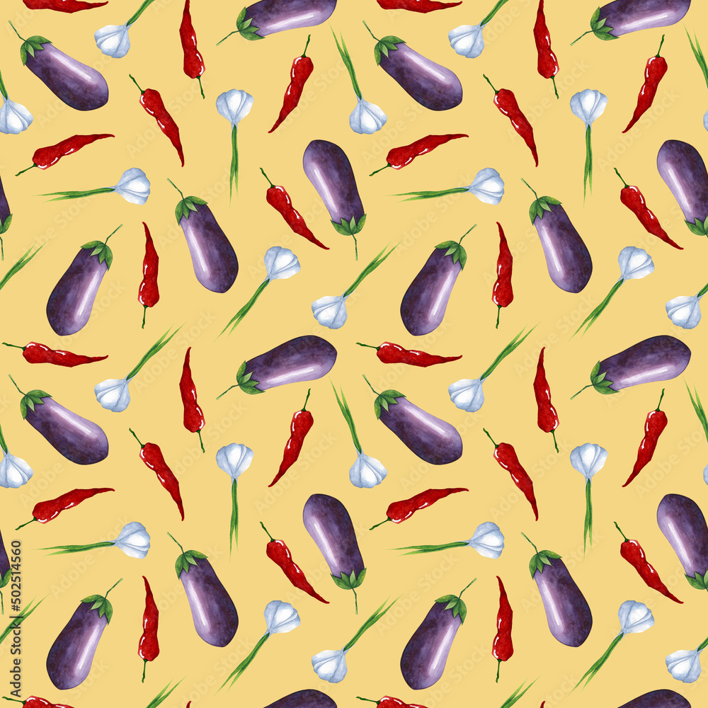Vegetables on mustard color seamless pattern. Eggplant, garlic, chili pepper on yellow background repeat print. Watercolor kitchen, garden plant background for textile, fabric, wallpaper, design. Vegetables on mustard color seamless pattern. Eggplant, garlic, chili pepper on yellow background repeat print. Watercolor kitchen, garden plant background for textile, fabric, wallpaper, design.