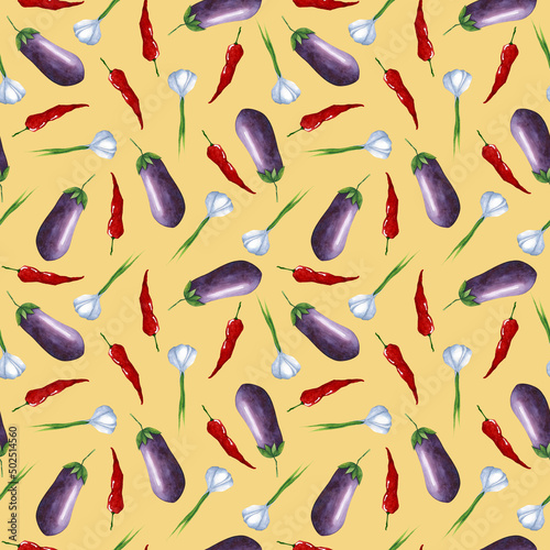 Vegetables on mustard color seamless pattern. Eggplant, garlic, chili pepper on yellow background repeat print. Watercolor kitchen, garden plant background for textile, fabric, wallpaper, design.