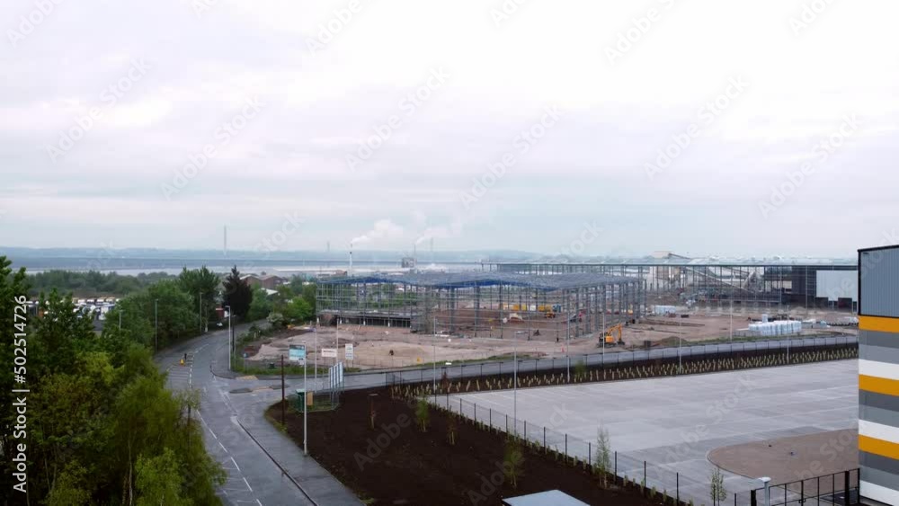 Incomplete industrial building construction site steel framework aerial skyline view Incomplete industrial building construction site steel framework aerial skyline view