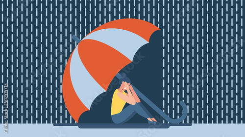 Woman with anxiety touch head. Umbrella protects. Mental disorder and chaos in consciousness. A frustrated girl with a nervous problem feels anxiety and confusion of thoughts. Vector flat illustration