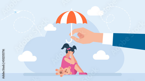 Protect children from danger. Child protection concept. Little girl sitting on the floor and crying. Child care. The umbrella protects the child from the storm. Flat design. Vector illustration.