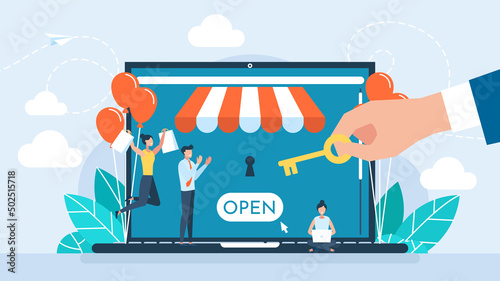 Grand opening concept. New online store, website, account. The man opens the lock with a key. Opening store. The ceremony, celebration, presentation, and event. Vector flat business illustration