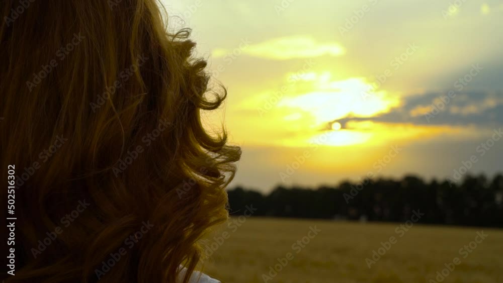Red haired female standing in field at sunset, wind blowing her hair, clouds in the sky, back view closeup. Rural landscape. Concept of nature