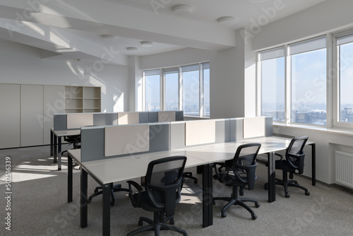 large office with several jobs, interior of modern office, modern office with panoramic windows and city views