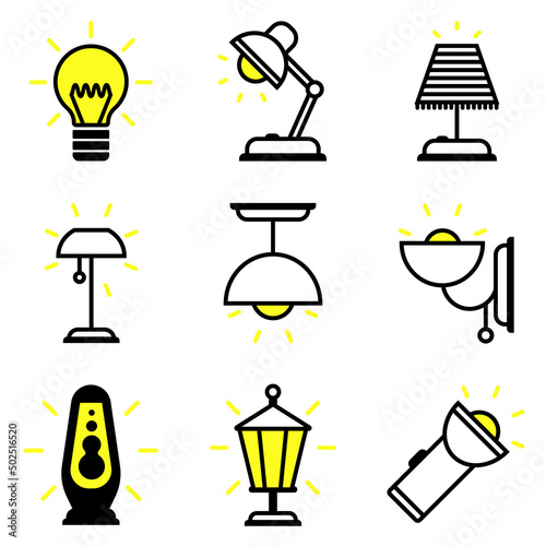 Lamp icon set, lighting store flat design, brand identity graphics