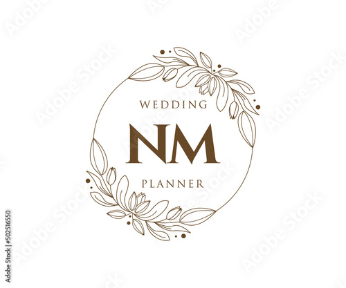 NM Initials letter Wedding monogram logos collection, hand drawn modern minimalistic and floral templates for Invitation cards, Save the Date, elegant identity for restaurant, boutique, cafe in vector photo