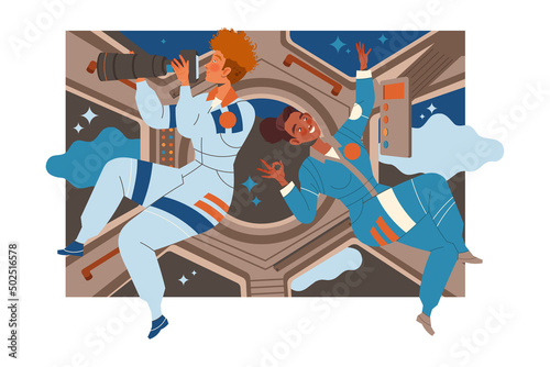 Fototapeta Naklejka Na Ścianę i Meble -  Man and Woman Astronaut Character in Outer Space in Spacesuit Flying on Space Shuttle Vector Illustration